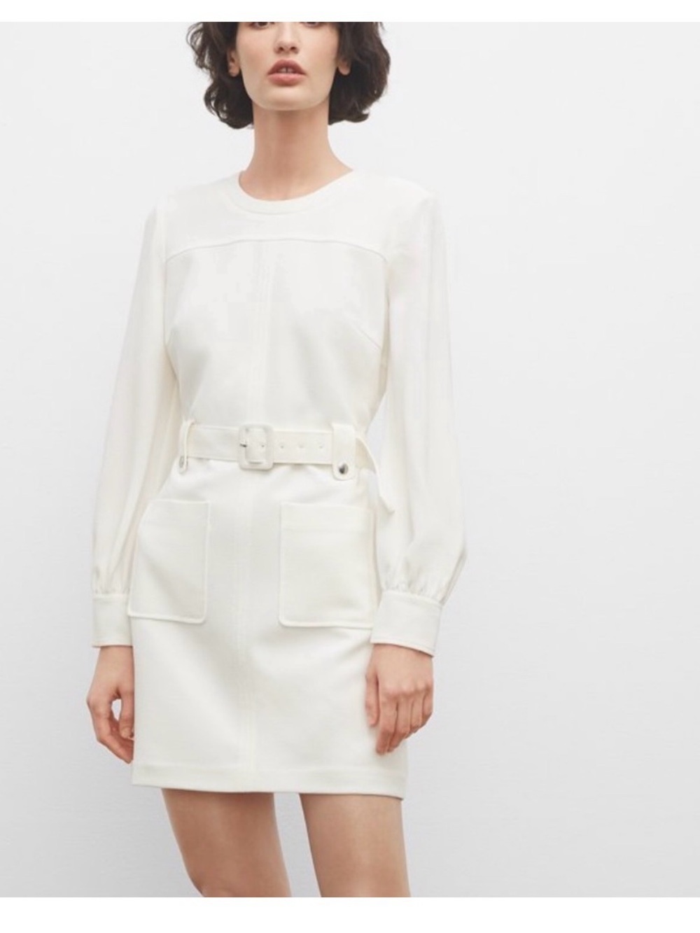 Club Monaco Ivory Long-Sleeve Mini Dress with Belt